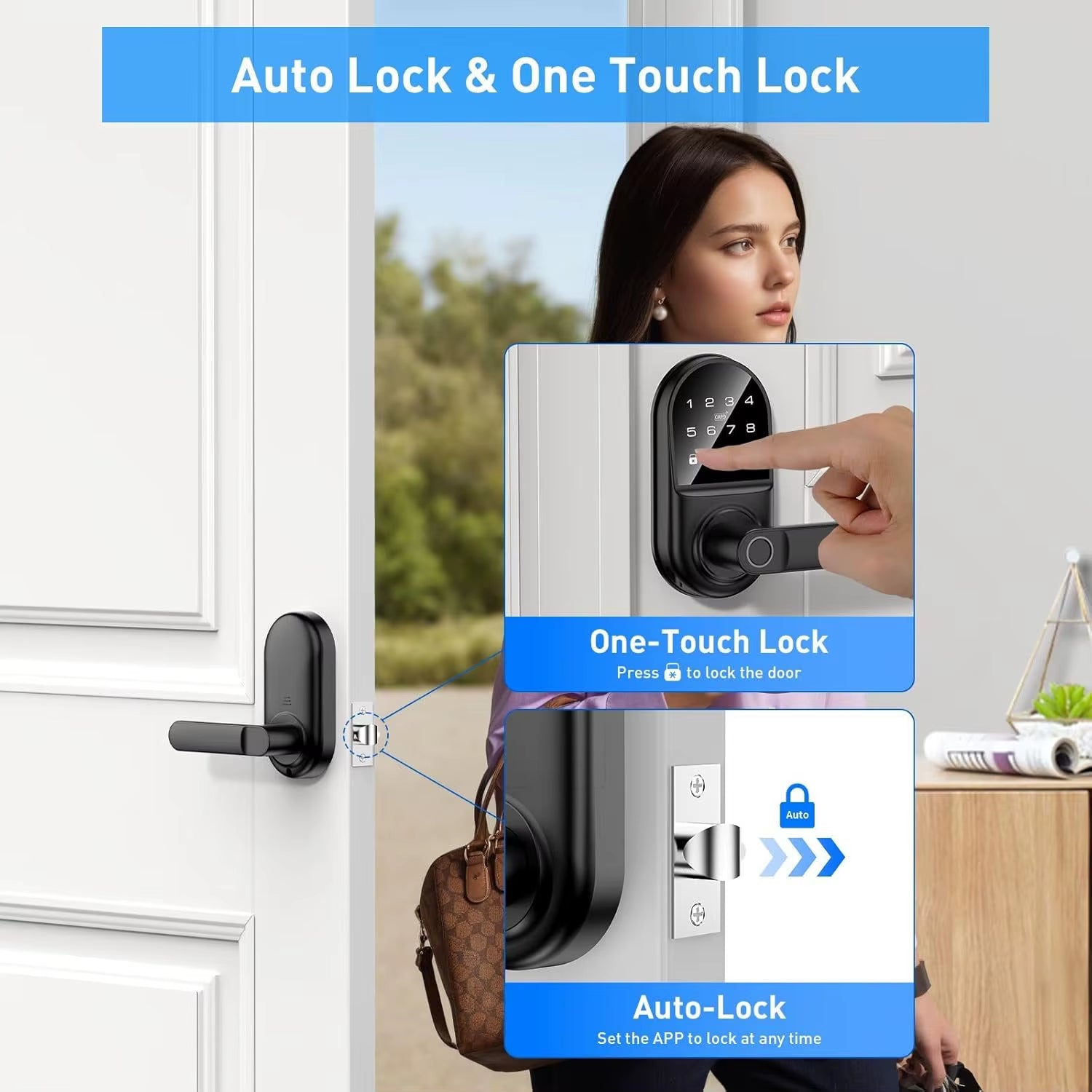 Smart Keypad Door Lock with Handle, Fingerprint Keyless Entry Digital Lock with Built-In Doorbell for Front Door, Bedroom