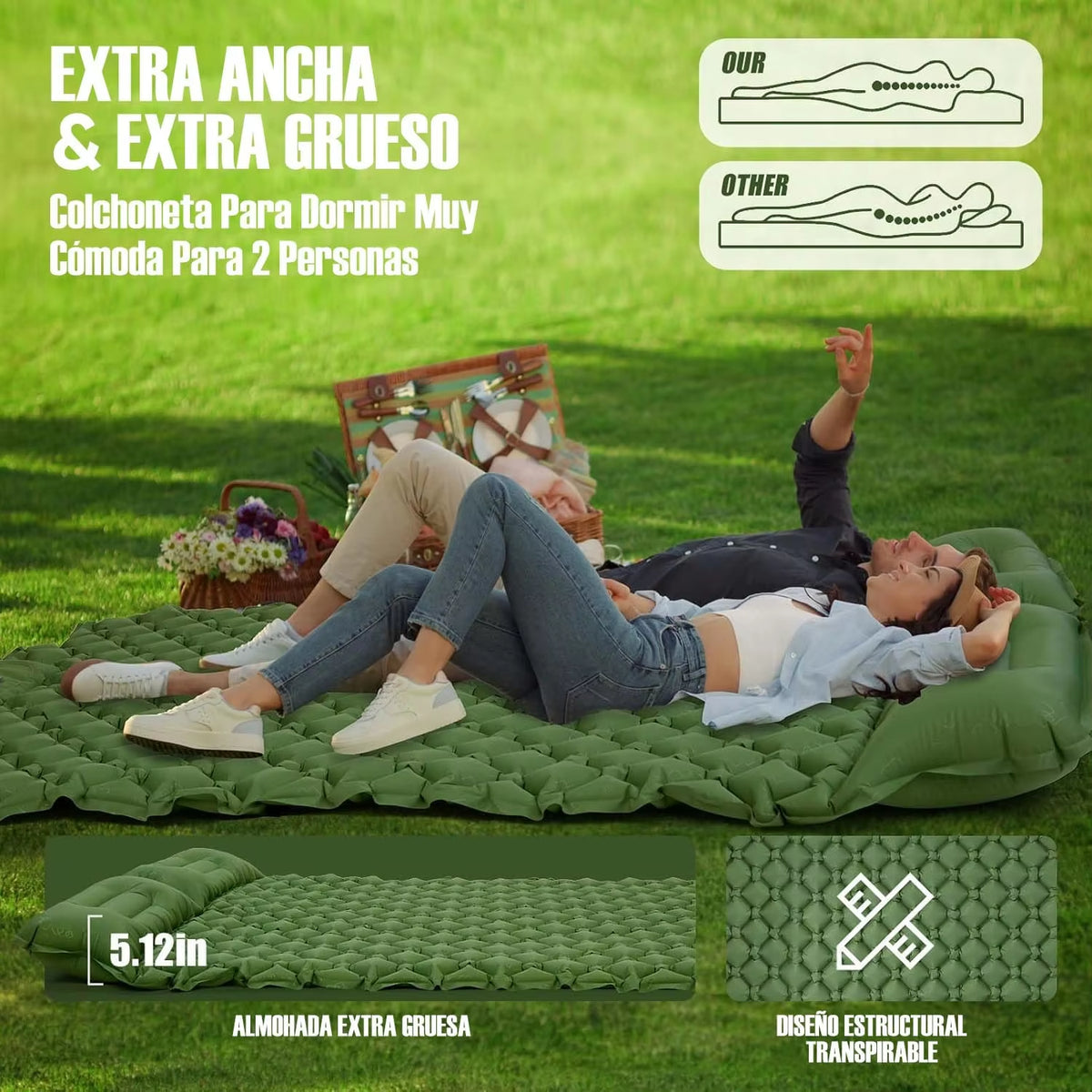 Extra Wide Ultralight Double Inflatable Camping Mattress - Folding Sleeping Pad for Car Travel