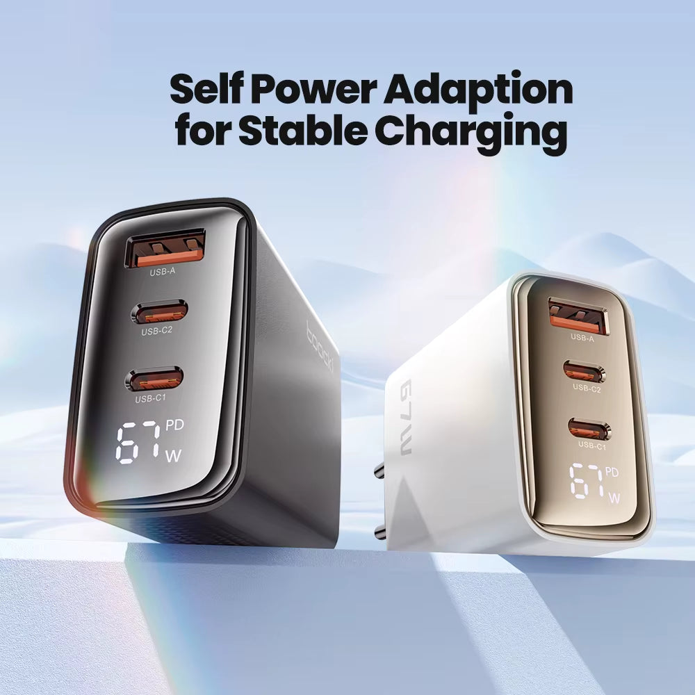 67W GaN Charger with Digital Display, Quick Charge 4.0/3.0, Fast Type-C USB Charger for Laptops, iPhone, Samsung, Xiaomi, Realme, and POCO