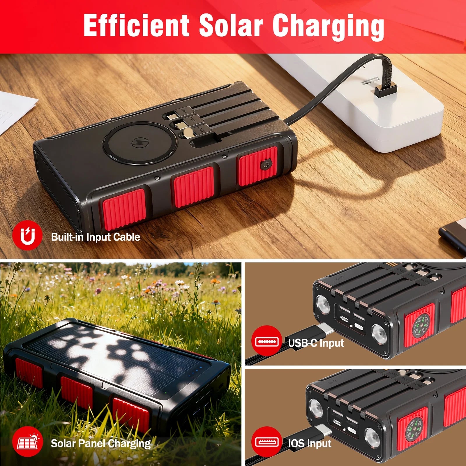 Power Bank Wireless Charger 68800Mah Built in Hand Crank and 4 Cables 15W Fast Charging Power Bank 7 Outputs & 4 Inputs Solar Portable Charger, Sos/Strobe/Strong Flashlights, Compass(Red)