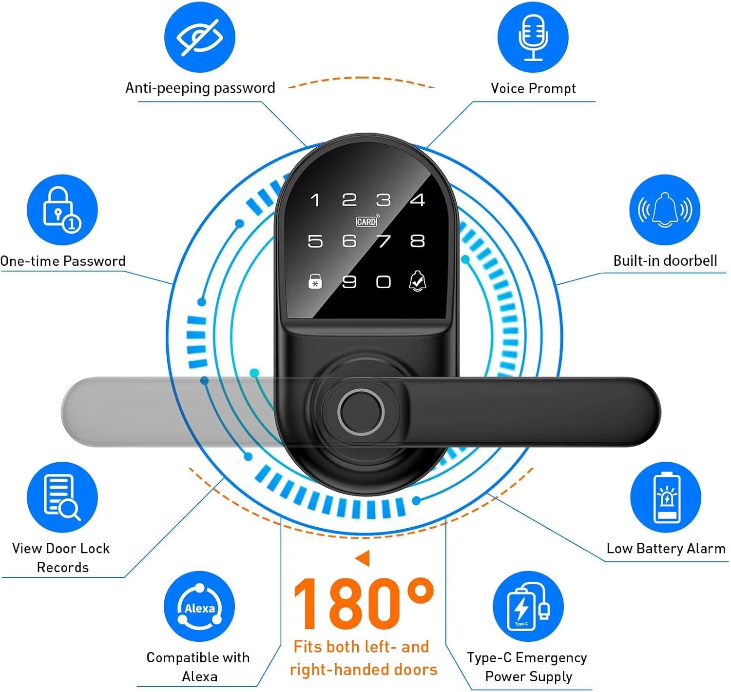 Smart Keypad Door Lock with Handle, Fingerprint Keyless Entry Digital Lock with Built-In Doorbell for Front Door, Bedroom