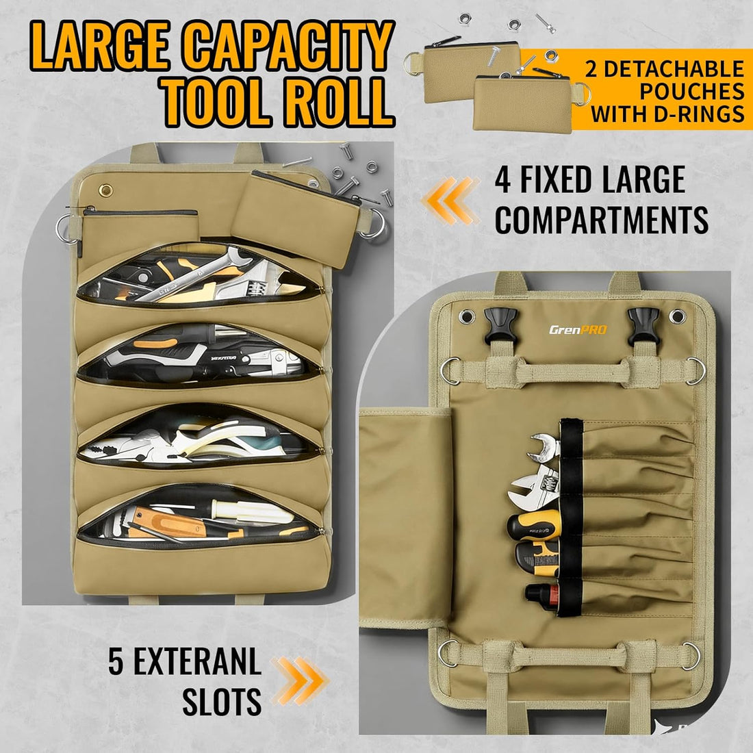 Roll up Tool Bag, Tool Roll up Bag with Detachable Tool Pouches, Soft Rollable Tool Pouch, Tool Organizer for Electricians, DIY, Valentines Day Gifts for Him Dad Men Mechanic Welding, Khaki