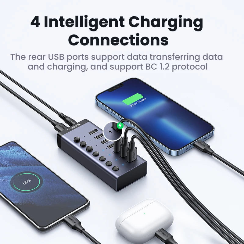 7-Port USB 3.0 Hub with Individual ON/OFF Switches and LED Indicators for Desktop and Laptop USB Port Expansion