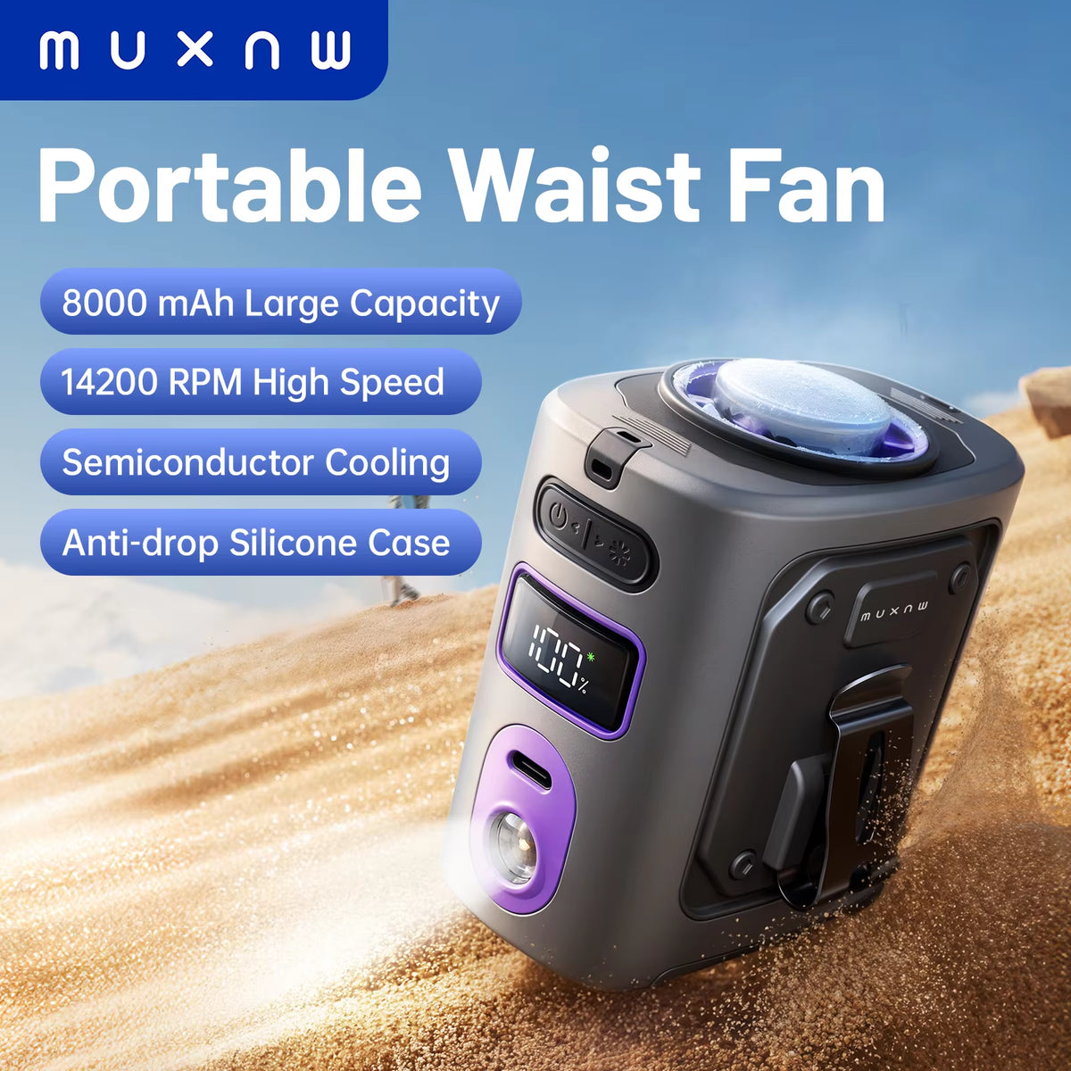Rechargeable Clip-On Waist Fan with Ice Cooling Plate and 8000mAh Battery - Portable Hands-Free Belt Fan for Camping