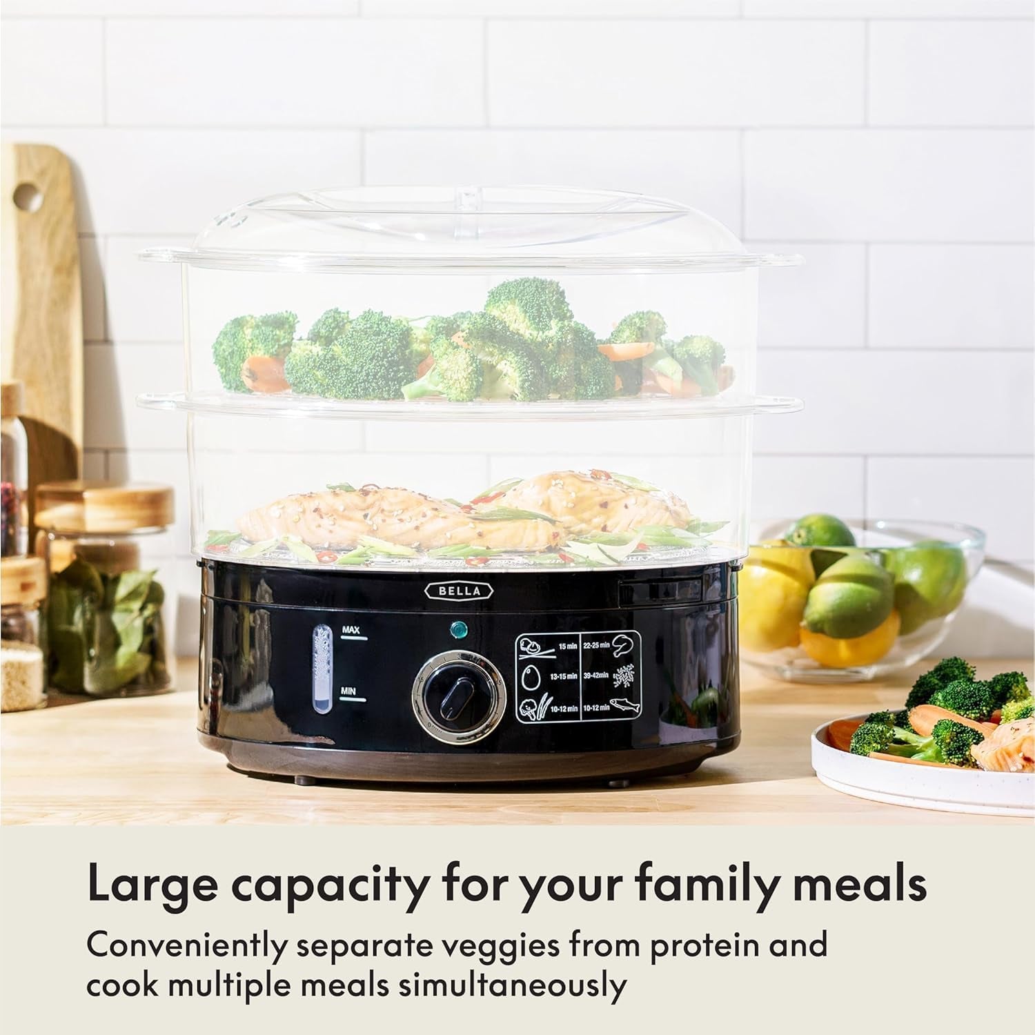 Two Tier Food Steamer with Stackable Baskets & Removable Base for Fast Simultaneous Cooking - Auto Shutoff & Boil Dry Protection, 7.4 QT, Black