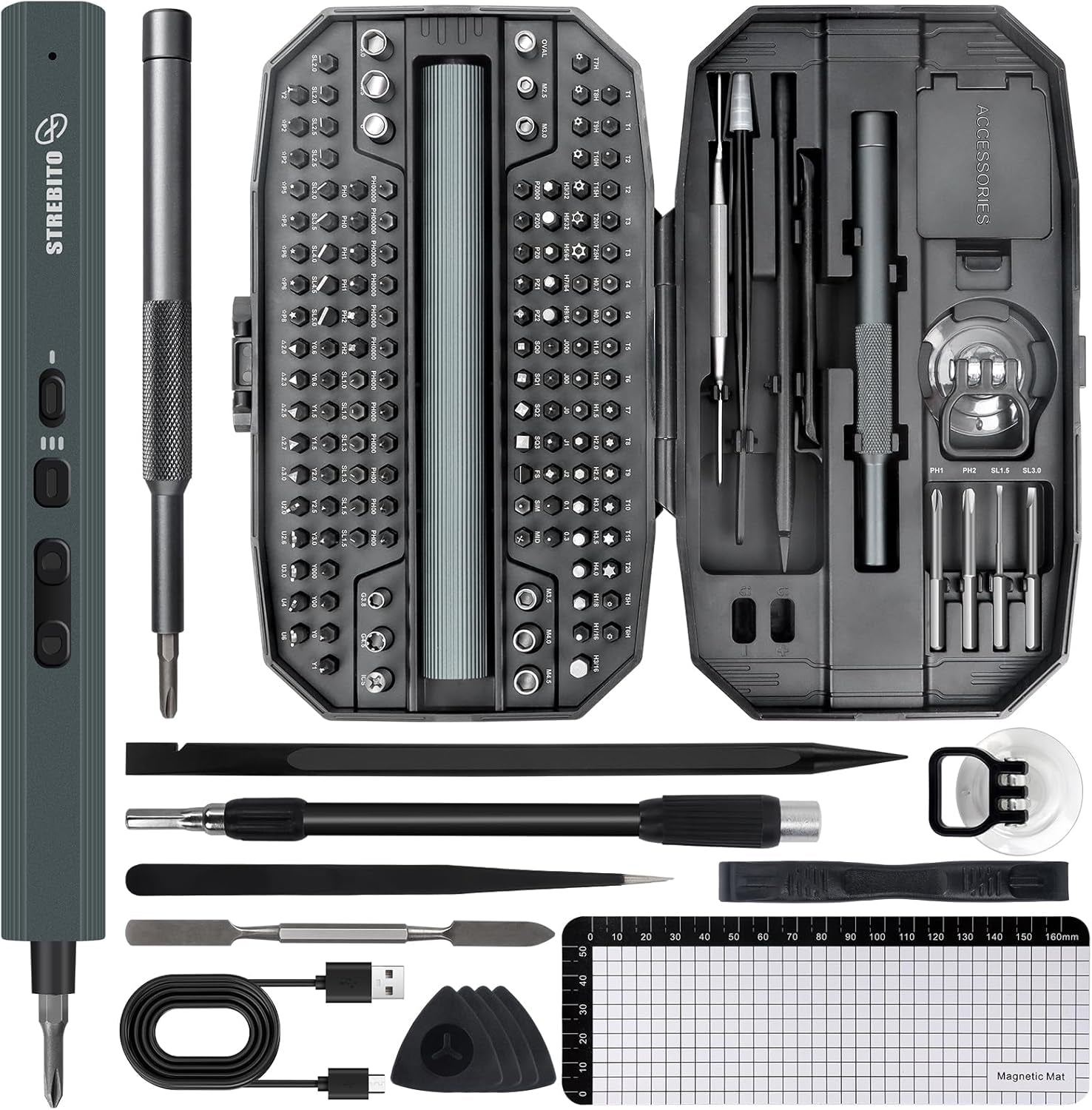 Electric Screwdriver 155 in 1 Mini Electric Precision Screwdriver Set, 140 S2 Steel Magnetic Bits, LED Light, 650Mah, Electronics Repair Tool Kit for Computer, PC, Laptop, Phone, RC (Black)