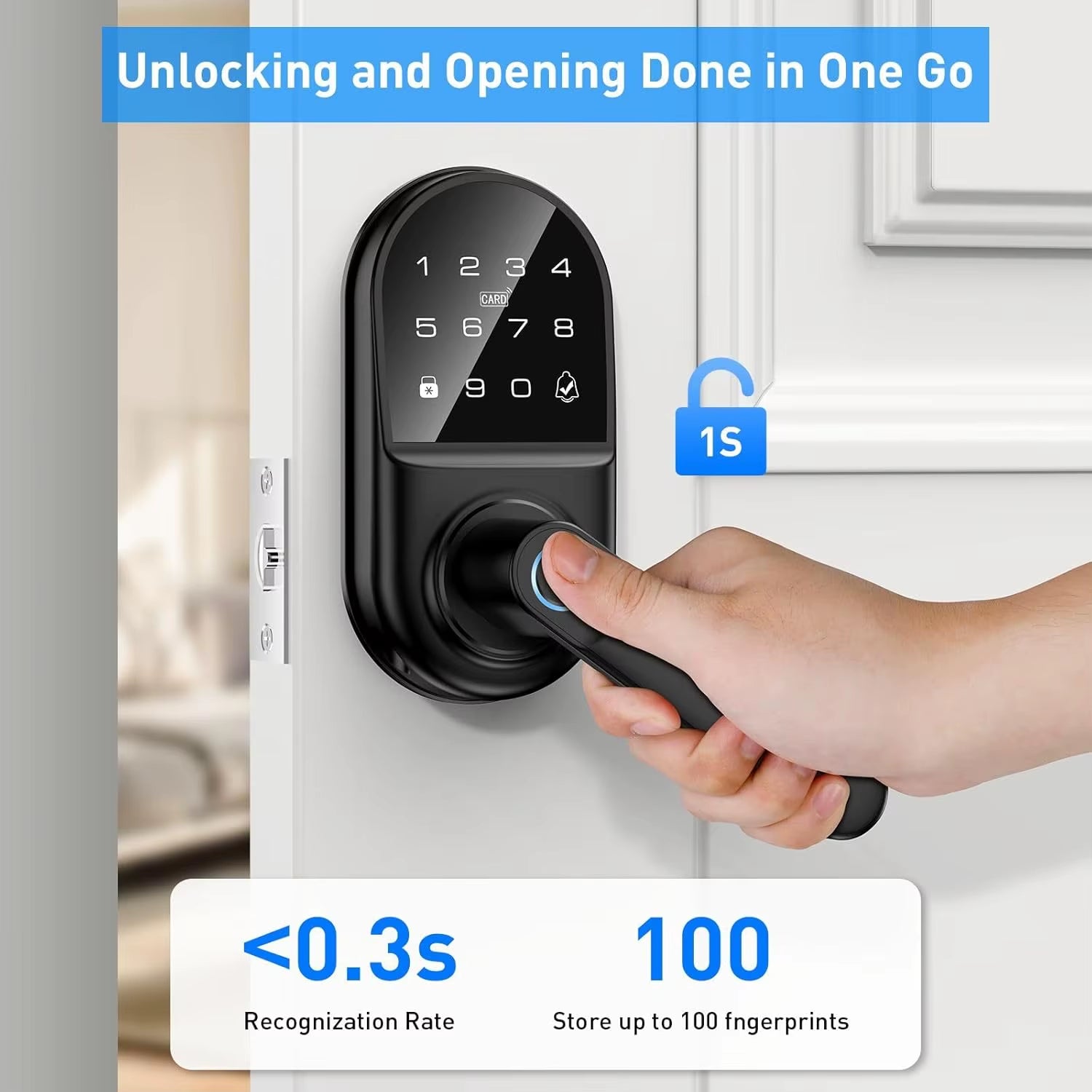 Smart Keypad Door Lock with Handle, Fingerprint Keyless Entry Digital Lock with Built-In Doorbell for Front Door, Bedroom