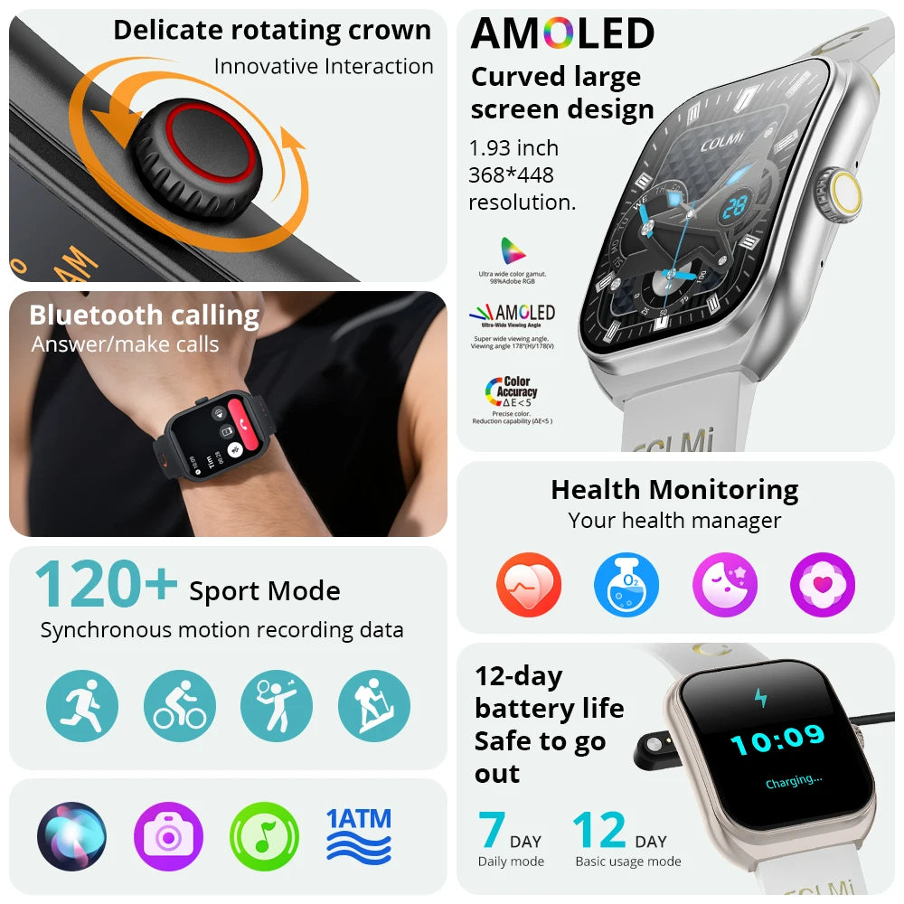 P86 1.93" AMOLED Smartwatch for Men and Women - Health Management, Bluetooth Calling, IP68 Waterproof, Compatible with Xiaomi and iOS Devices