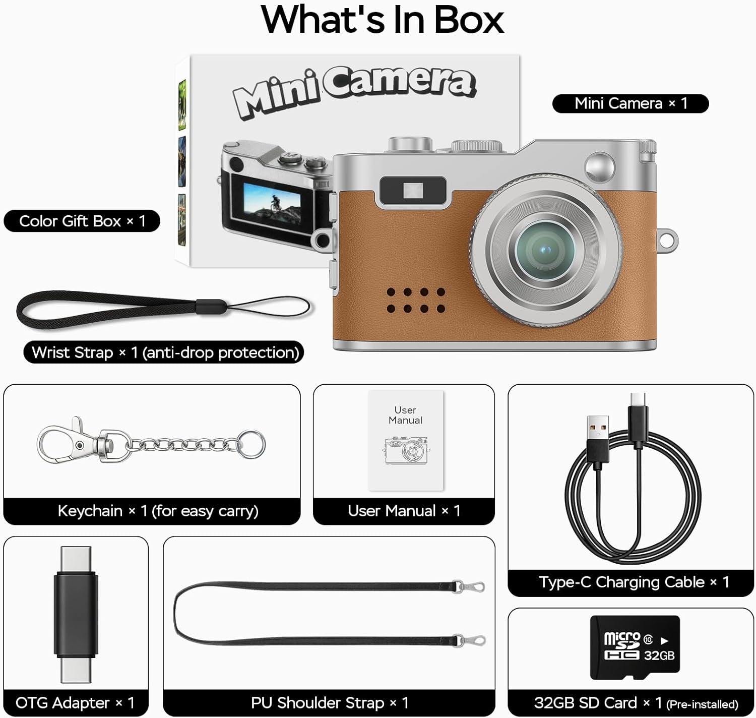 Mini Retro Camera with 1080P Video, 12MP Photos, Keychain Digital Camera, Ultra-Compact Tiny Camera with 32GB SD Card, OTG Adapter, Vintage Little Cameras for Travel, Daily Vlogging, Ideal Gift, Brown