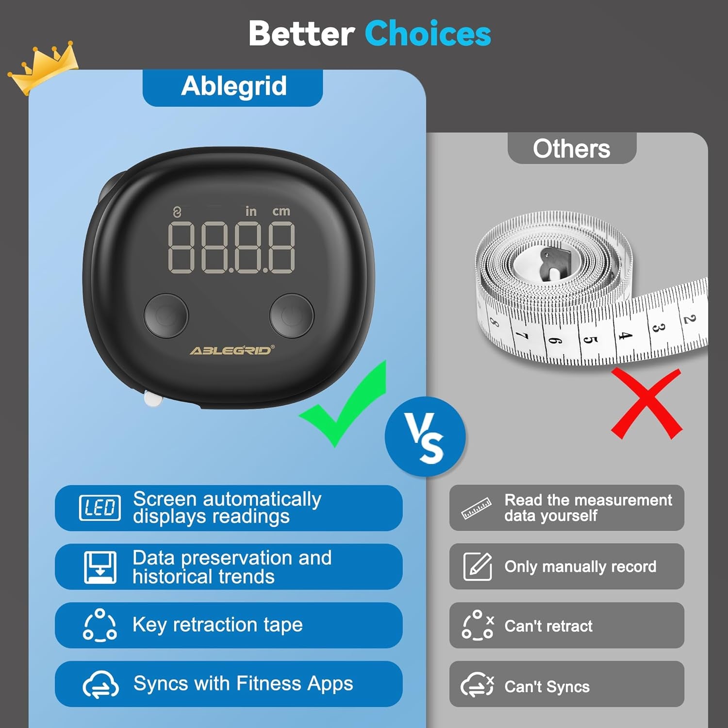 Smart Body Tape Measure,Rechargeable Body Measuring Tape with Fitdays App,Accurate Retractable Digital Body Measurement Device Tool for Muscle Gain,Weight Loss,Fitness,Locking,60In/150Cm
