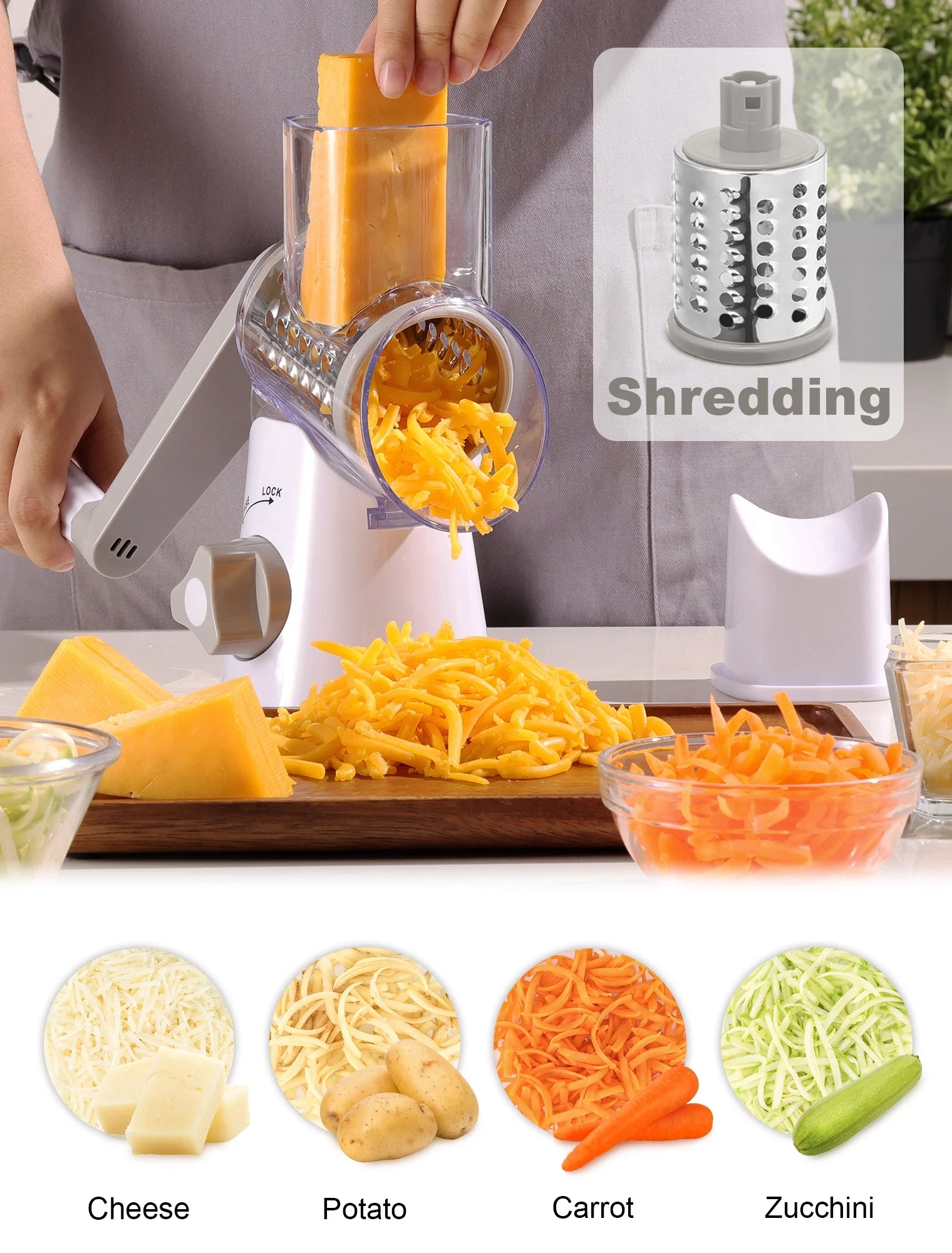 Cheese Grater Rotary, Rotary Grater for Kitchen, Kitchen Grater Vegetable Slicer with 3 Drum Blades, Fast Cutting Cheese Shredder for Vegetables and Nuts