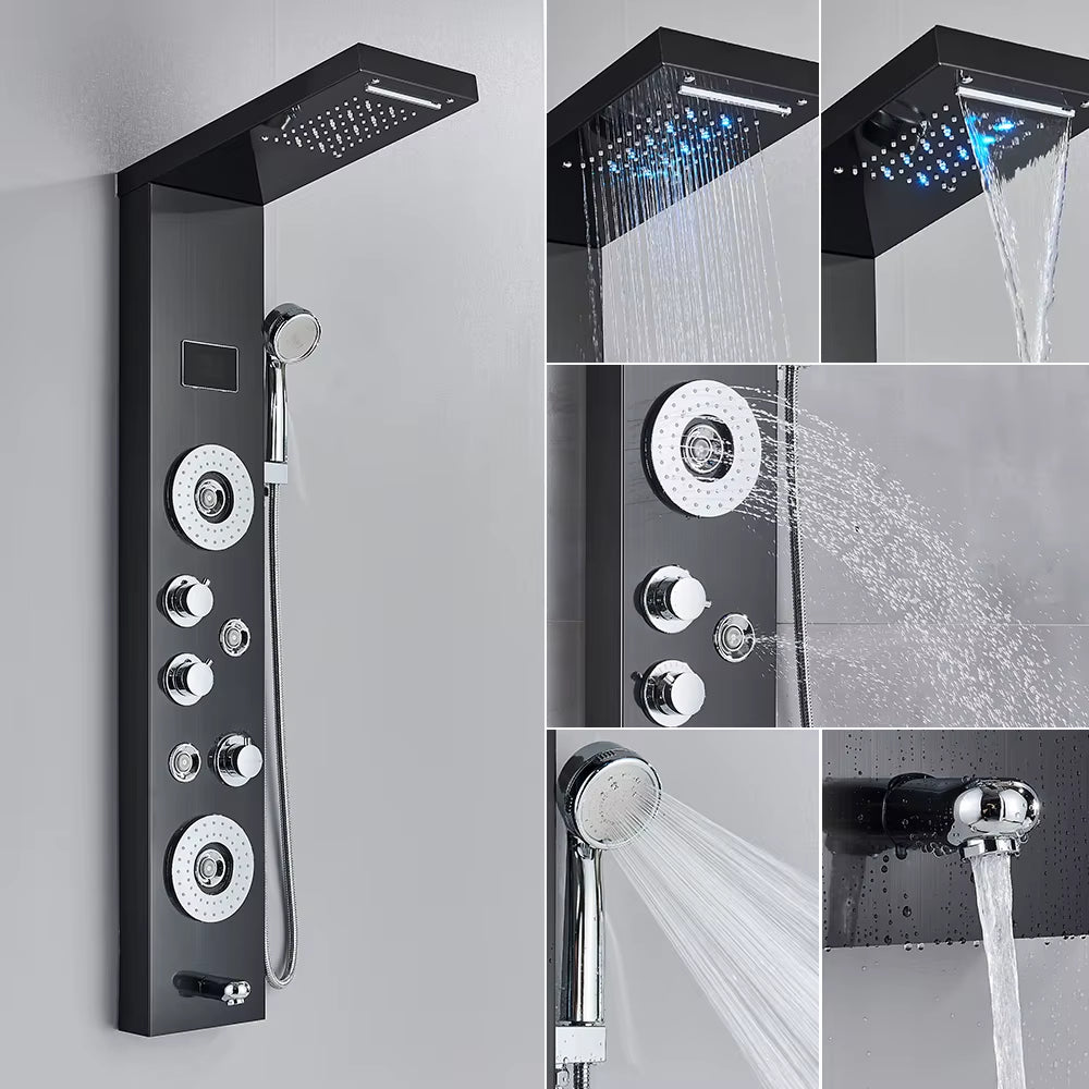 Newly Luxury Black/Brushed Bathroom Shower Faucet LED Shower Panel Column Bathtub Mixer Tap with Hand Shower Temperature Screen