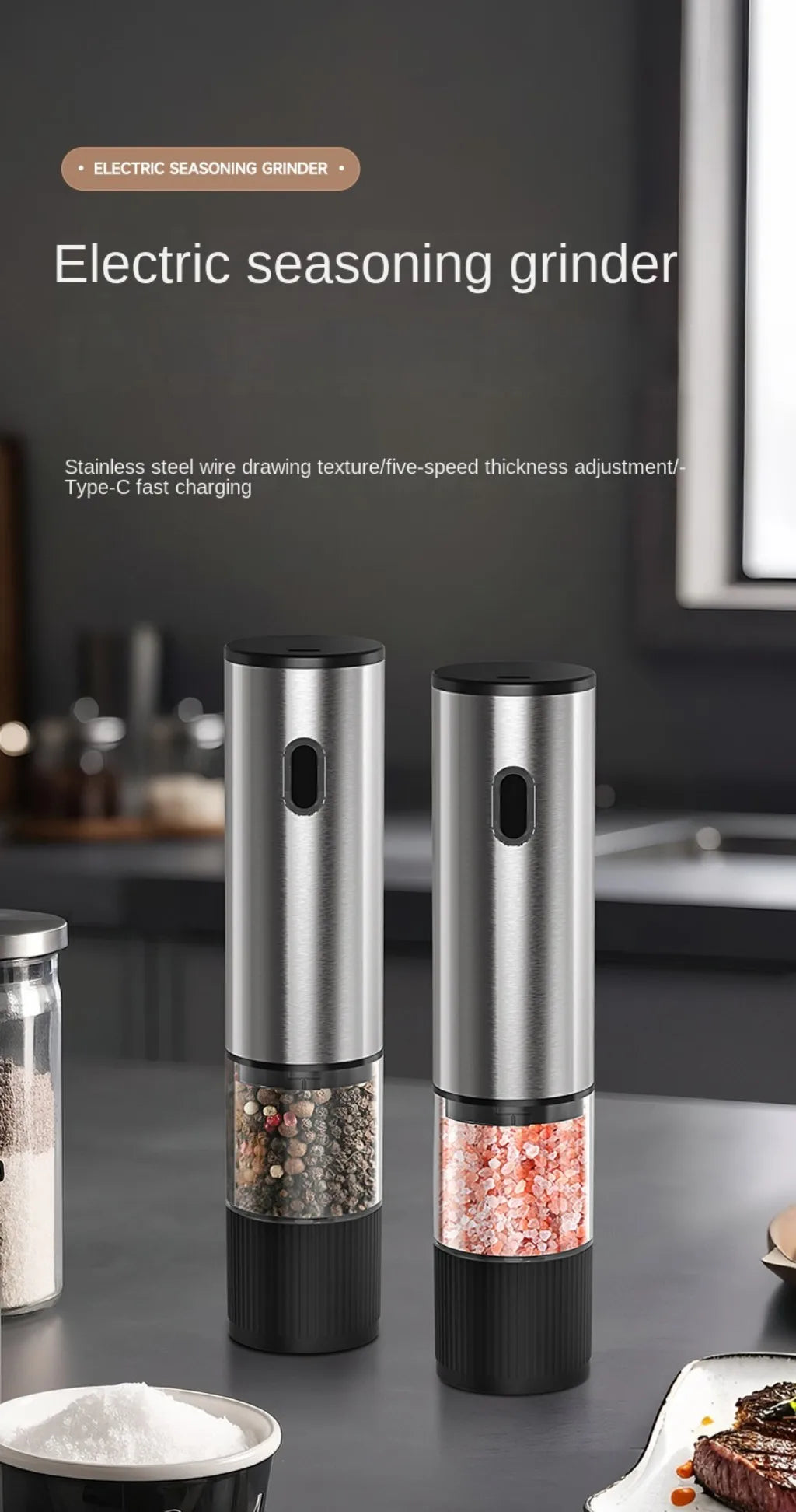 Electric Salt and Pepper Grinder Set - Automatic Rechargeable Mill with Adjustable Coarseness for Kitchen Use