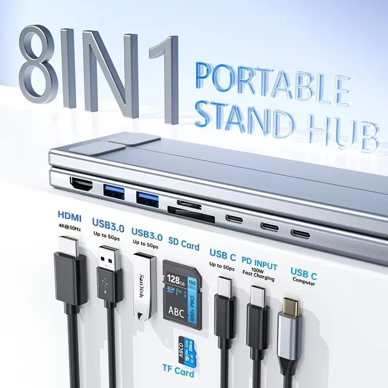 Universal Laptop Docking Station Stand Usb C Dock Tablet Laptop Holder with 4K Hdmi 2 Type-C Pd 100W Dock Station for Macbook