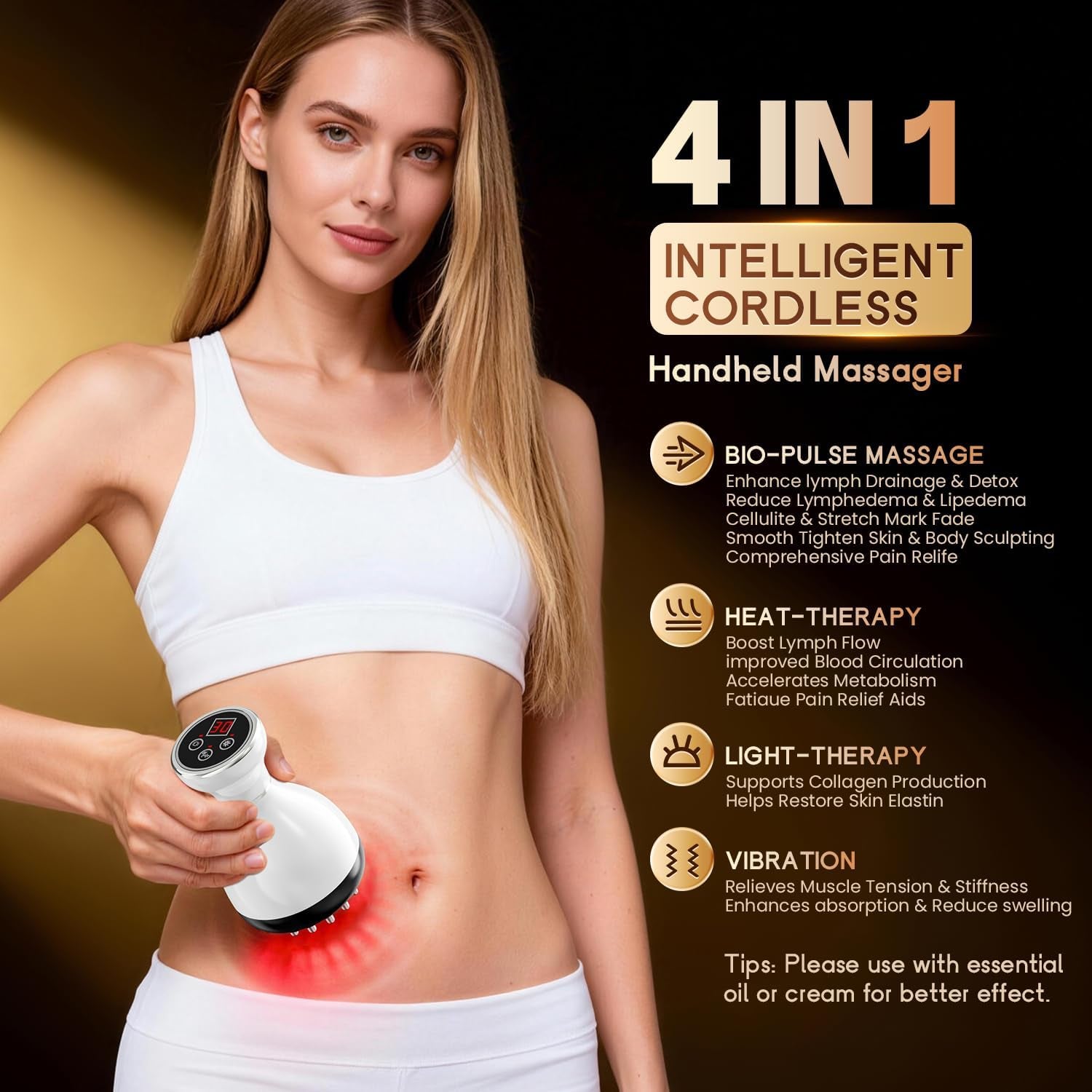 Lymphatic Drainage Massager & anti Cellulite Massage Tool, Helps Reduce Stretch Marks & Cellulite, for Legs, Arms & Belly, Body Sculpting Machine with Microcurrent & Red-Light & Heat & Vibration