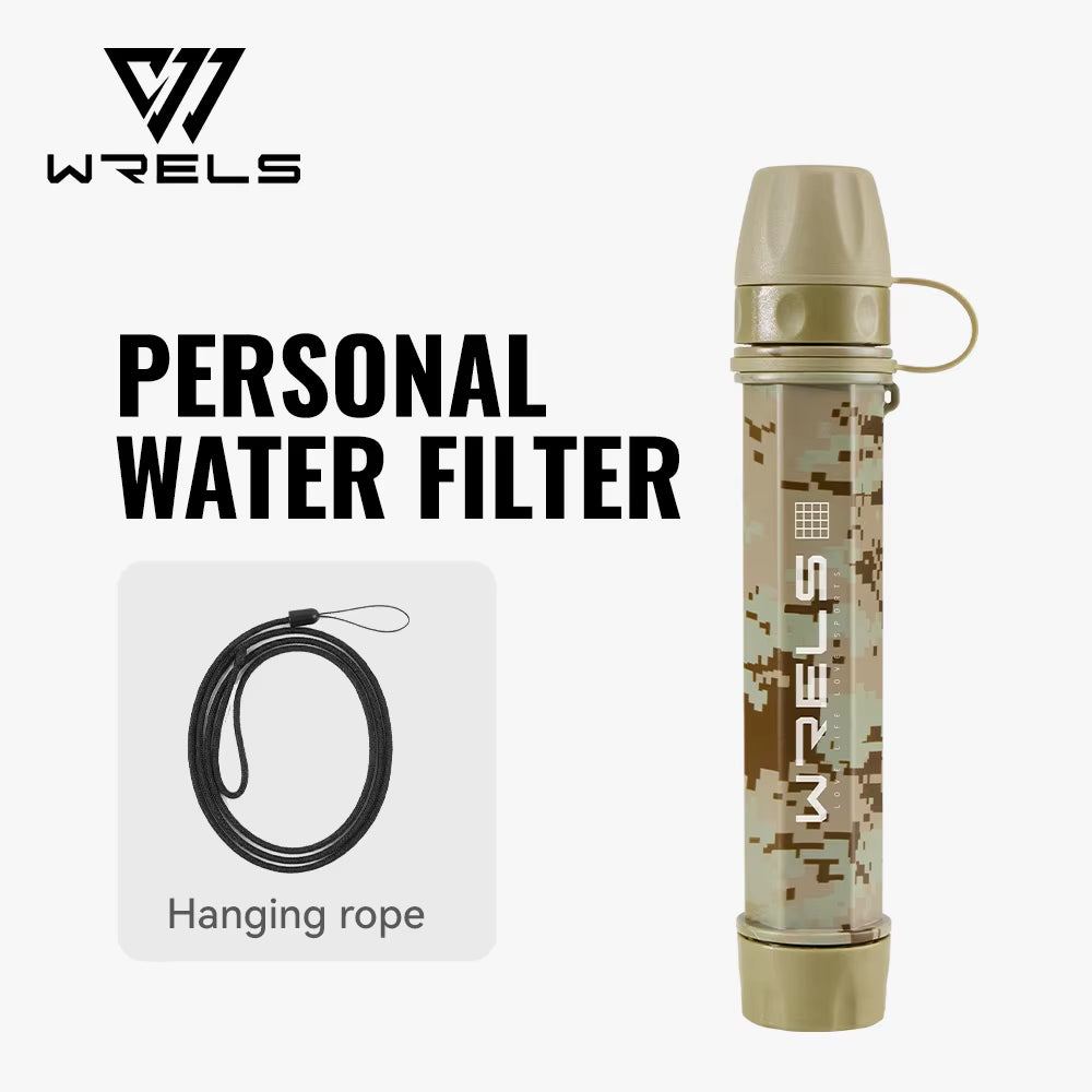 WRELS Outdoor Mini Water Purification Filter Straw with Carbon Fiber Water Bag for Camping and Emergency Preparedness