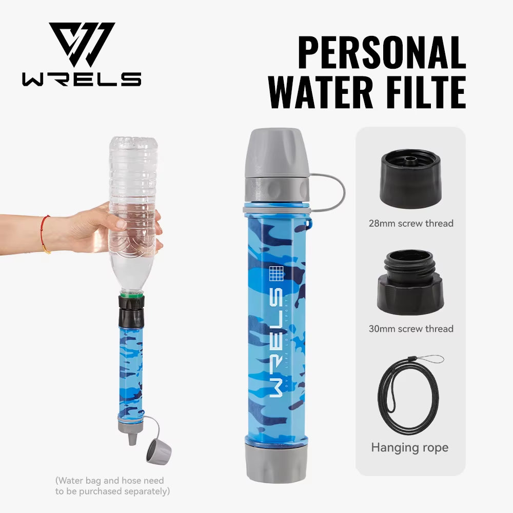 WRELS Outdoor Mini Water Purification Filter Straw with Carbon Fiber Water Bag for Camping and Emergency Preparedness