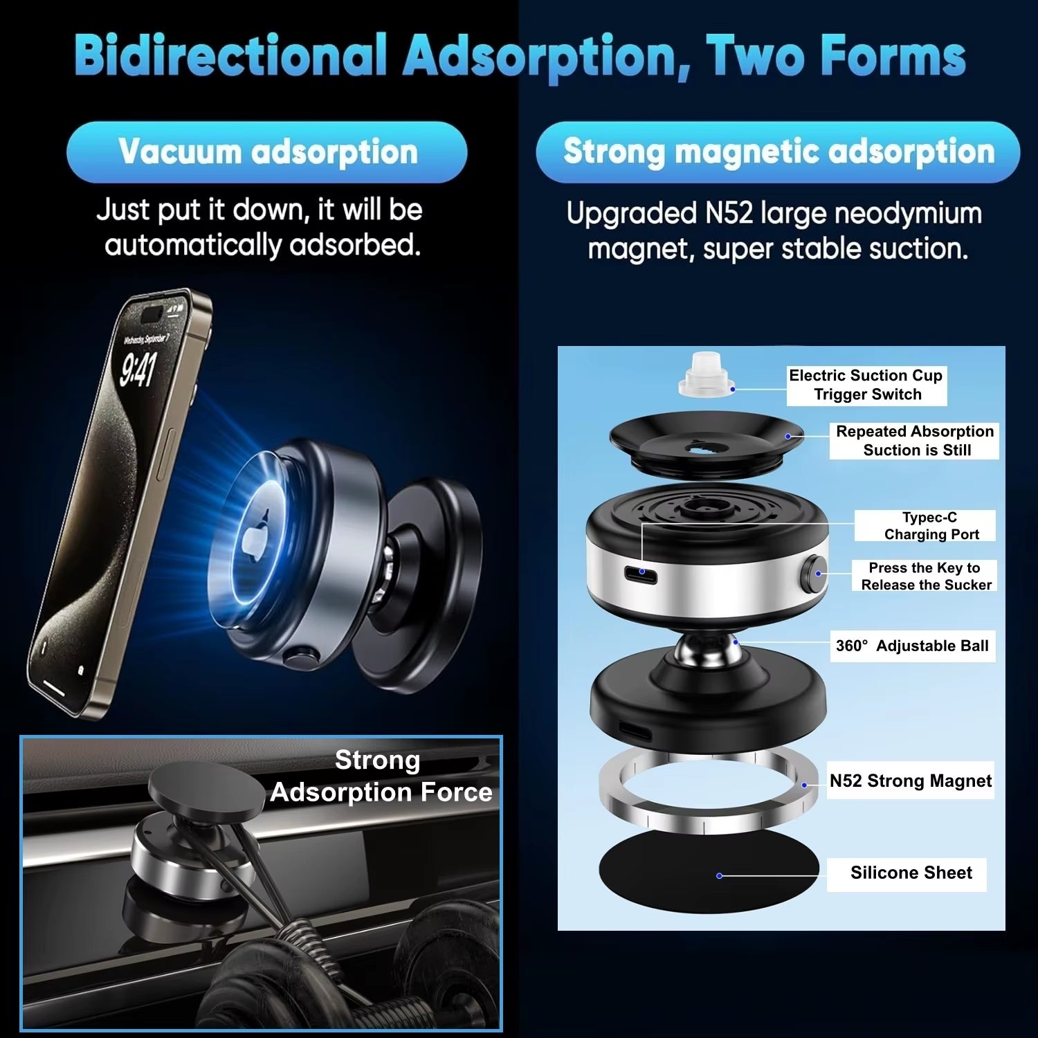Electric Vacuum Suction Magnetic Phone Holder for Car Gym Mount 360° Rotation Magsafe Suction Cup Phone Mount for Smartphones