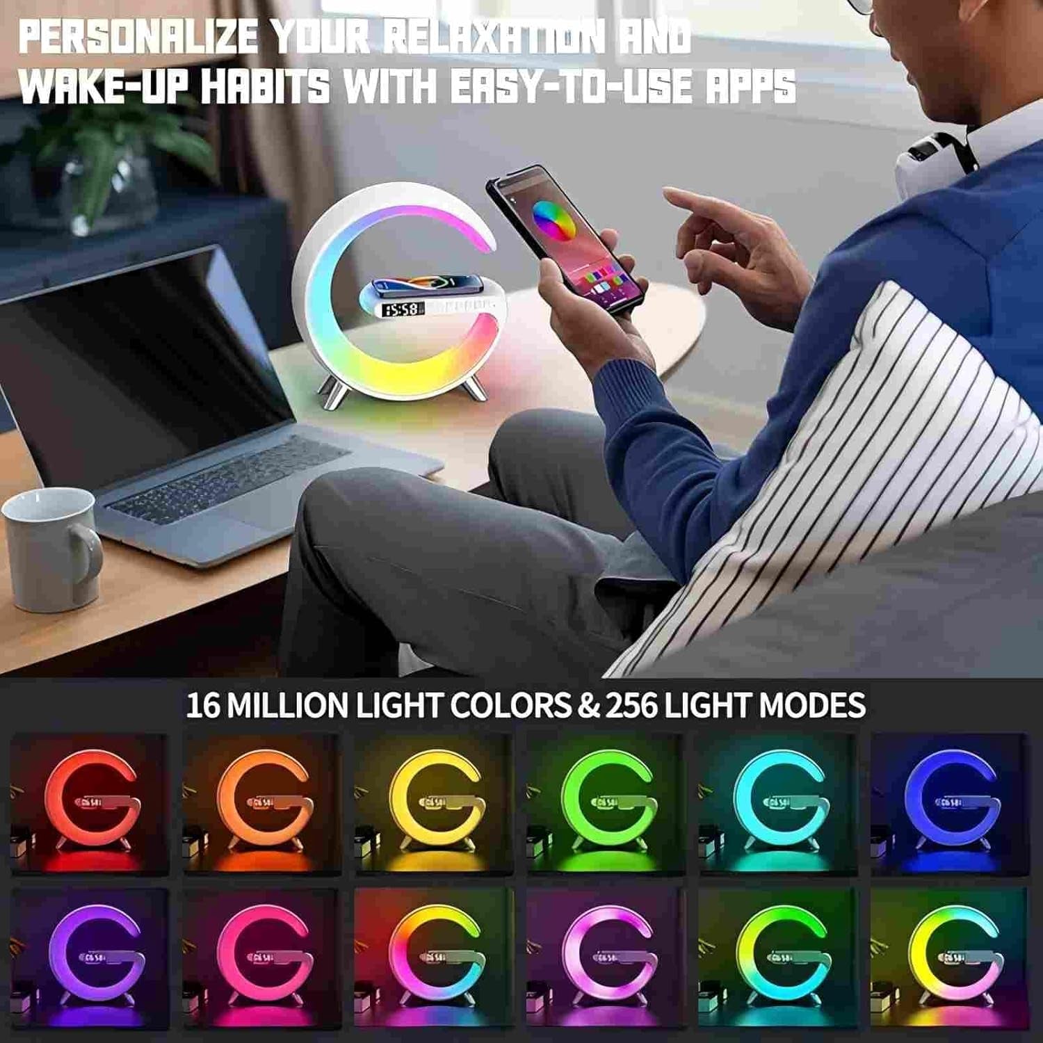 Bluetooth Speaker Lamp with Wireless Charger, RGB Night Light, Alarm Clock, App Control - White