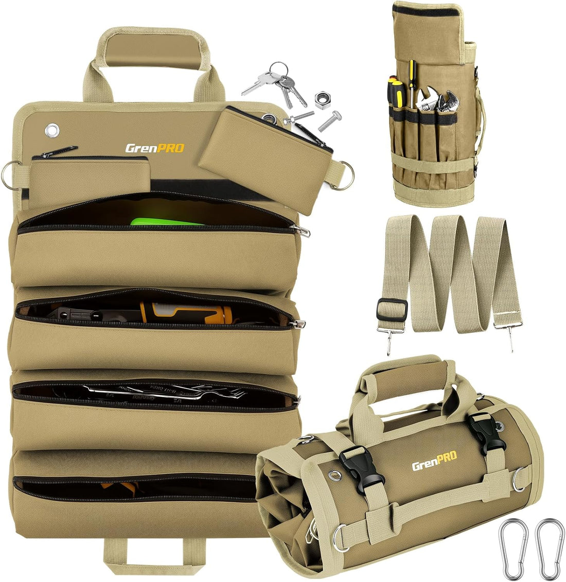Roll up Tool Bag, Tool Roll up Bag with Detachable Tool Pouches, Soft Rollable Tool Pouch, Tool Organizer for Electricians, DIY, Valentines Day Gifts for Him Dad Men Mechanic Welding, Khaki