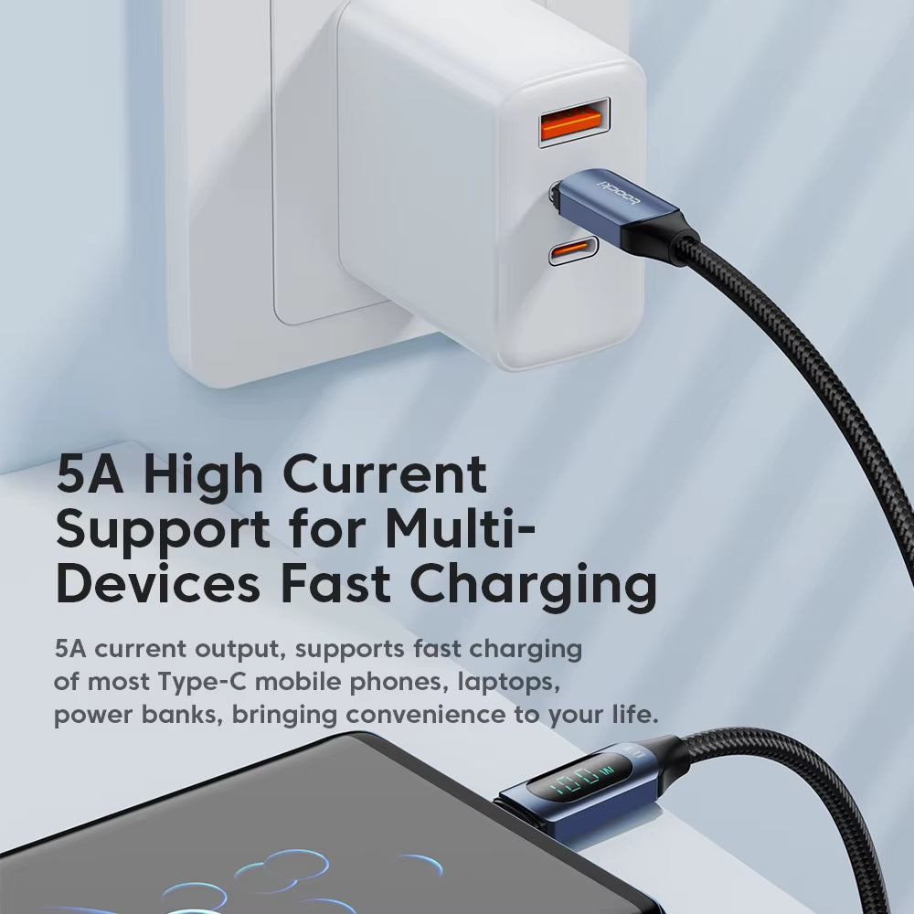 100W USB-C Cable with 5A LED Digital Display for High-Speed Charging and Data Transfer Compatible with Samsung, Xiaomi, POCO, and Huawei