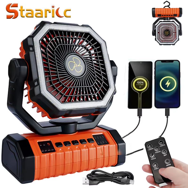 20,000mAh Rechargeable Camping Fan with LED Light and Remote Control, 4-Speed Timing Portable Tent Fan with Adjustable Hook Design for Outdoor Use