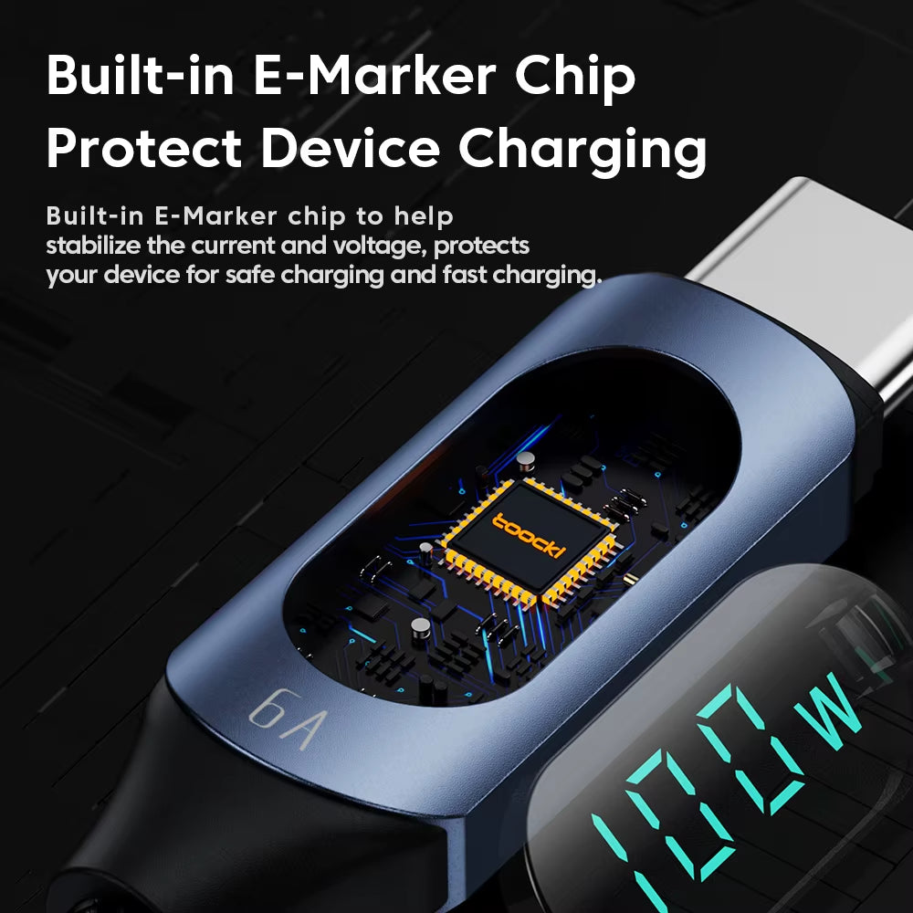 100W USB-C Cable with 5A LED Digital Display for High-Speed Charging and Data Transfer Compatible with Samsung, Xiaomi, POCO, and Huawei