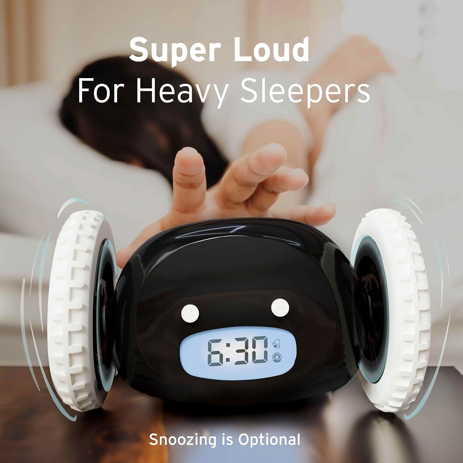 Alarm Clock on Wheels – Loud Rolling Alarm Clock for Heavy Sleepers | Runaway Clock That Jumps & Runs to Wake You up | Funny Unique Gift for Adults, Teens & Kids Bedrooms (Black)