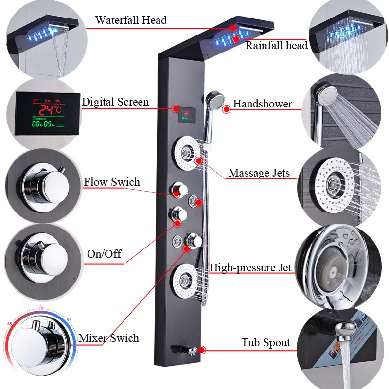 Newly Luxury Black/Brushed Bathroom Shower Faucet LED Shower Panel Column Bathtub Mixer Tap with Hand Shower Temperature Screen