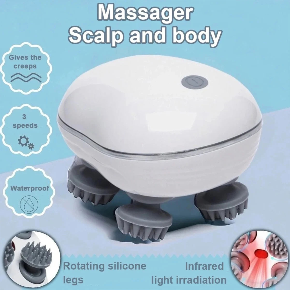 Adjustable Speed Head Massager with Red Light Therapy for Scalp Care and Deep Silicone Kneading