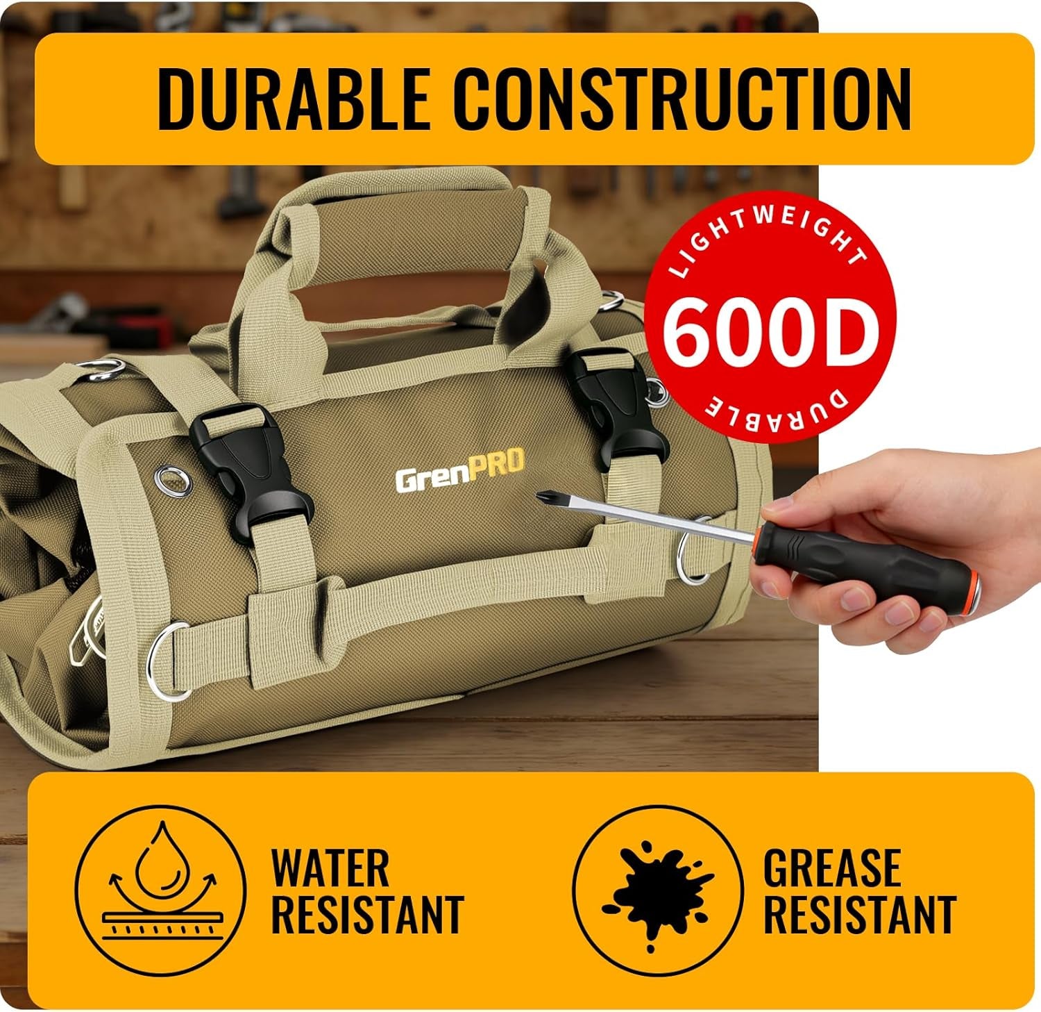 Roll up Tool Bag, Tool Roll up Bag with Detachable Tool Pouches, Soft Rollable Tool Pouch, Tool Organizer for Electricians, DIY, Valentines Day Gifts for Him Dad Men Mechanic Welding, Khaki