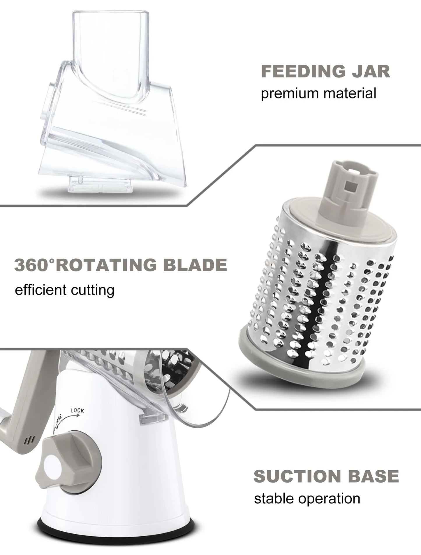 Cheese Grater Rotary, Rotary Grater for Kitchen, Kitchen Grater Vegetable Slicer with 3 Drum Blades, Fast Cutting Cheese Shredder for Vegetables and Nuts