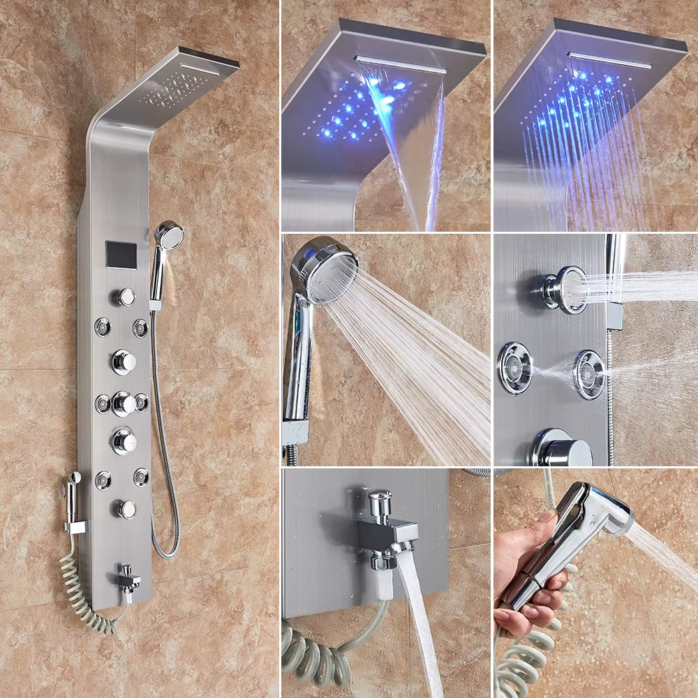 Newly Luxury Black/Brushed Bathroom Shower Faucet LED Shower Panel Column Bathtub Mixer Tap with Hand Shower Temperature Screen