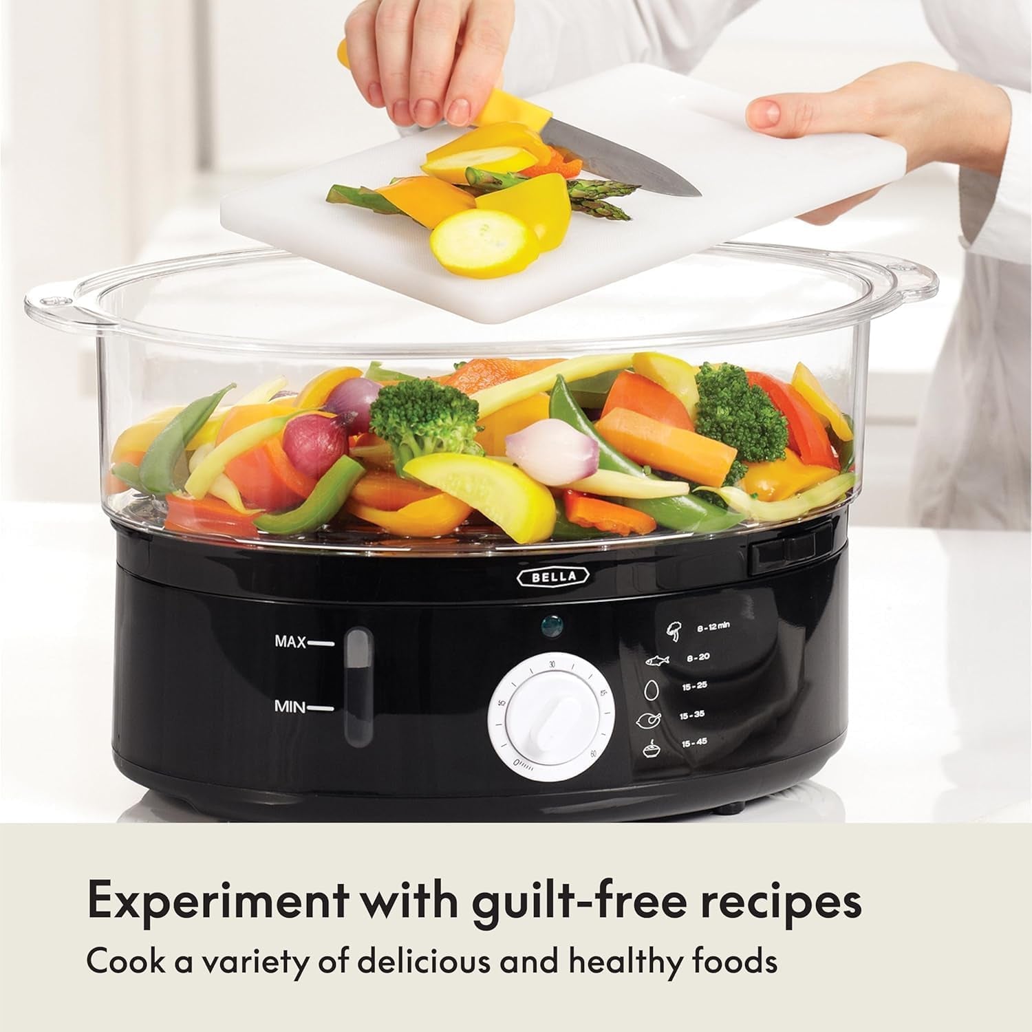 Two Tier Food Steamer with Stackable Baskets & Removable Base for Fast Simultaneous Cooking - Auto Shutoff & Boil Dry Protection, 7.4 QT, Black