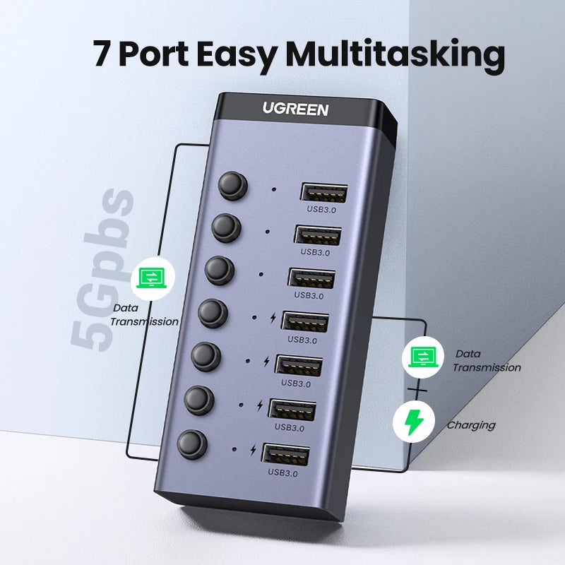 7-Port USB 3.0 Hub with Individual ON/OFF Switches and LED Indicators for Desktop and Laptop USB Port Expansion