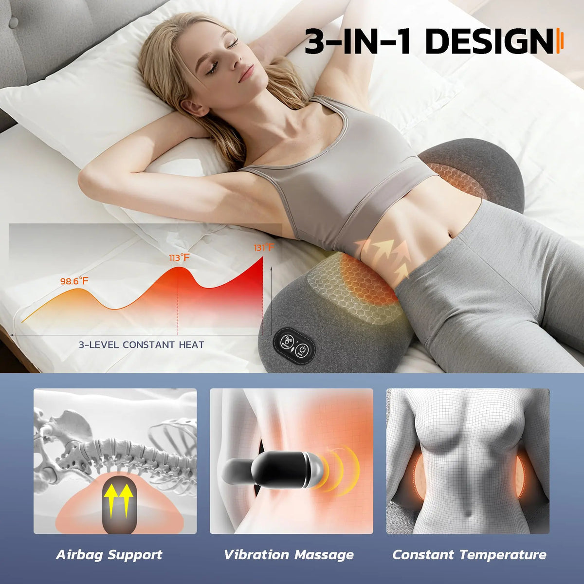 3-in-1 Electric Back Massager with Heat, Vibration, and Traction - Lumbar Support Pillow for Deep Tissue Relaxation