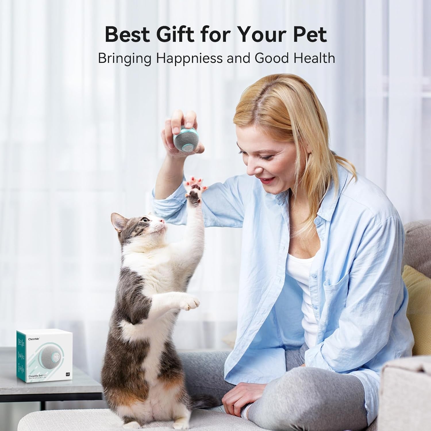 Smart Interactive Cat Toy, Automatic Moving Bouncing Rolling Ball for Indoor Cat Kitten, Peppy Pet Ball with Lights and Bell, Grey