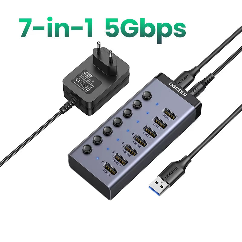 7-Port USB 3.0 Hub with Individual ON/OFF Switches and LED Indicators for Desktop and Laptop USB Port Expansion