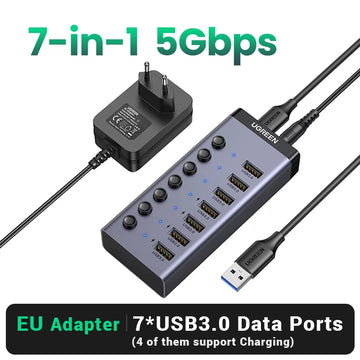 7-Port USB 3.0 Hub with Individual ON/OFF Switches and LED Indicators for Desktop and Laptop USB Port Expansion