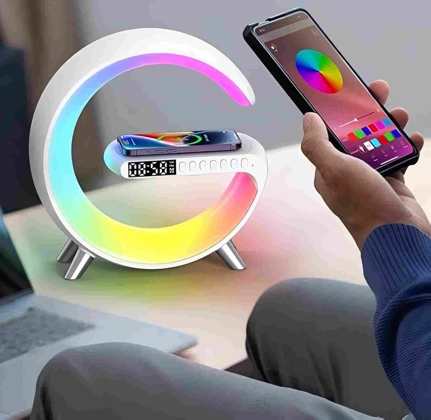 Bluetooth Speaker Lamp with Wireless Charger, RGB Night Light, Alarm Clock, App Control - White