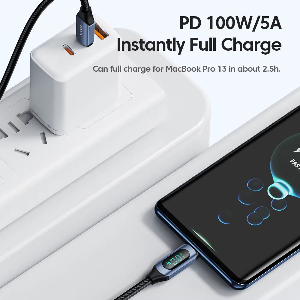 100W USB-C Cable with 5A LED Digital Display for High-Speed Charging and Data Transfer Compatible with Samsung, Xiaomi, POCO, and Huawei
