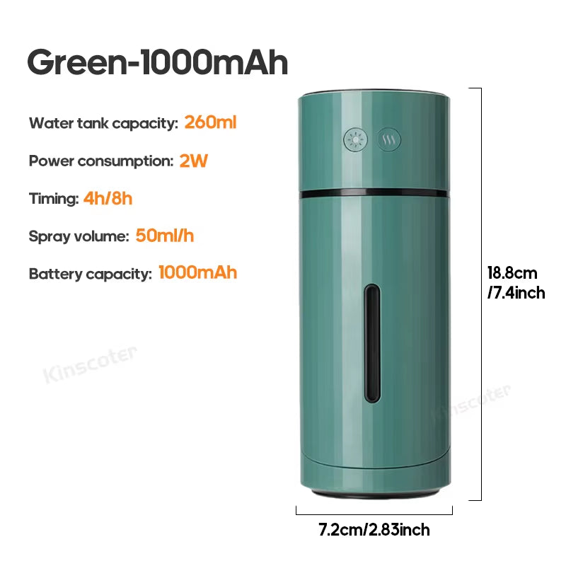 260ML Wireless Air Humidifier USB Aromatherapy Diffuser 1000Mah Rechargeable Battery Ultrasonic Cool Mist Maker Quiet Fogger