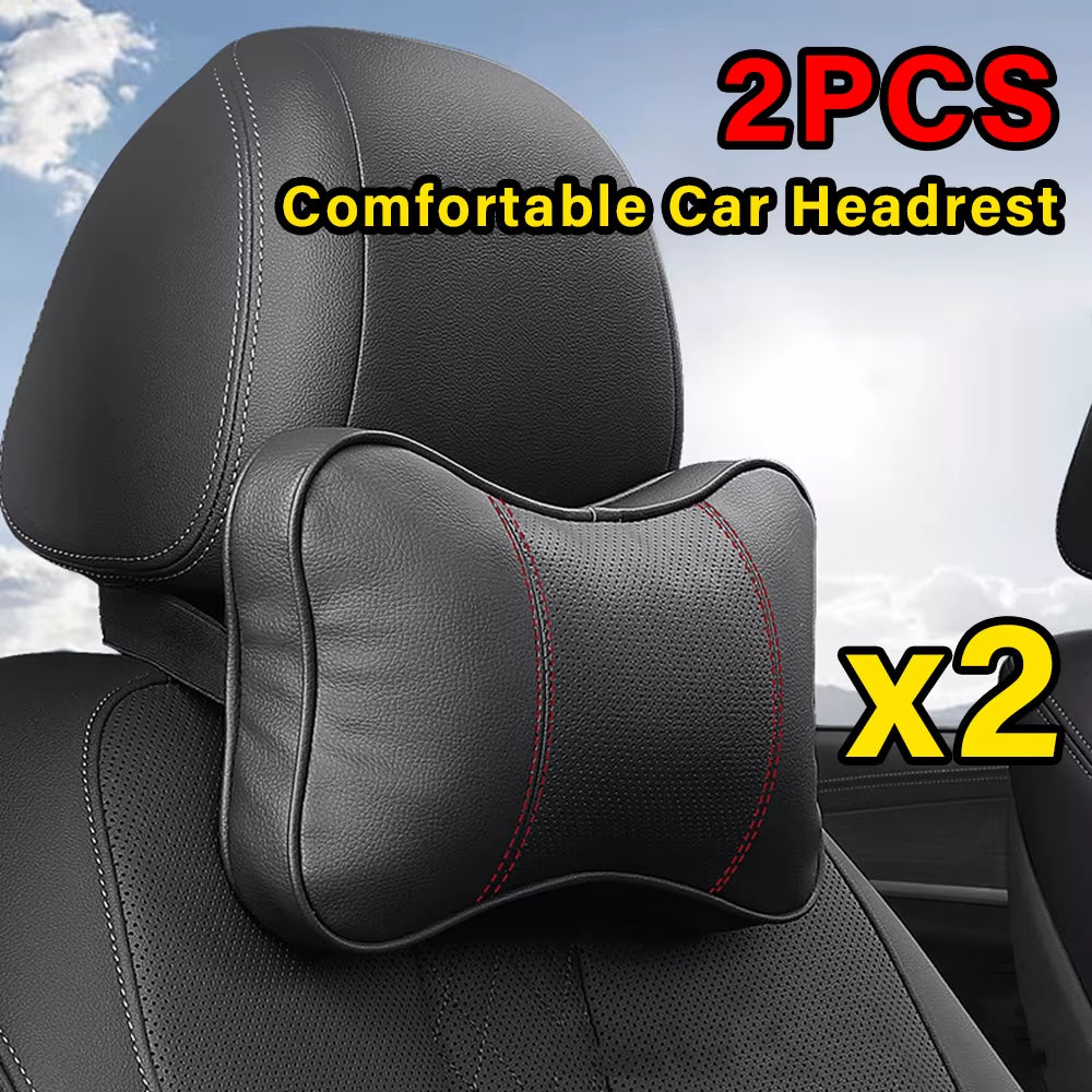 Set of 2 Premium Cowhide Car Neck Pillows - Soft, Breathable Headrest Support for Universal Vehicle Interiors