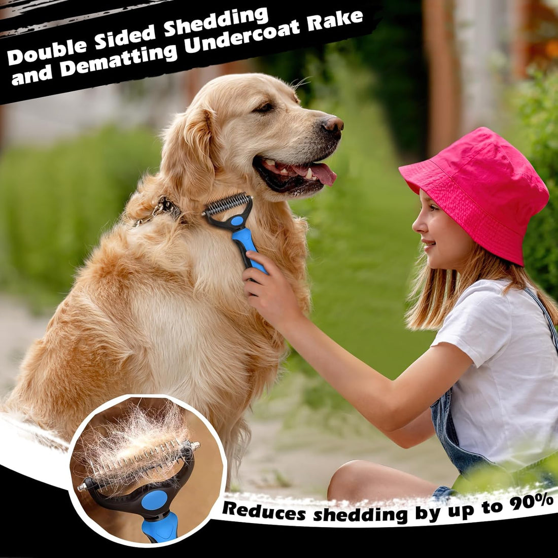 3PCS Self Cleaning Slicker Brush & Pet Grooming Rake & Flea Comb for Dogs, Cats and Horses | Double-Sided Dematting Comb & Skin Friendly Deshedding Grooming Tool | Premium Pet Supplies (Blue)