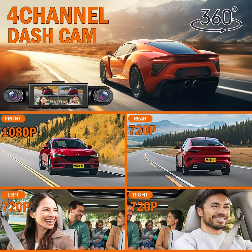 4-Channel 360° Dash Cam with Night Vision, 24/7 Parking Monitoring, G-Sensor, and Loop Recording