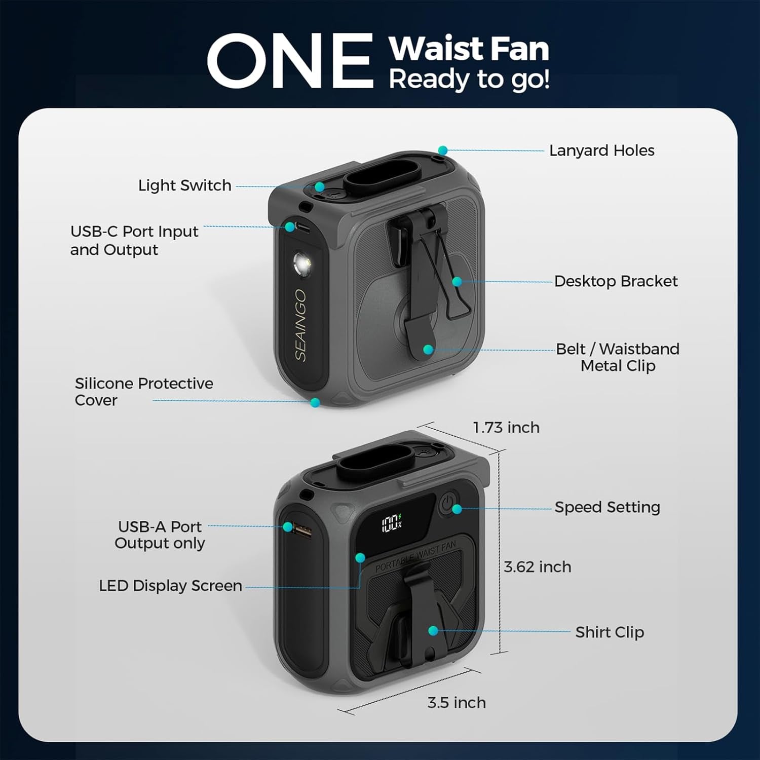 Portable Waist Fan Rechargeable – 10000Mah, 42 Ft/S Max, 5 Speeds 16000RPM, Personal Cooling Wearable Clip Body Belt Shirt Fans, Hanging Neck Fan with Light for Camping Travel Outdoor Indoor