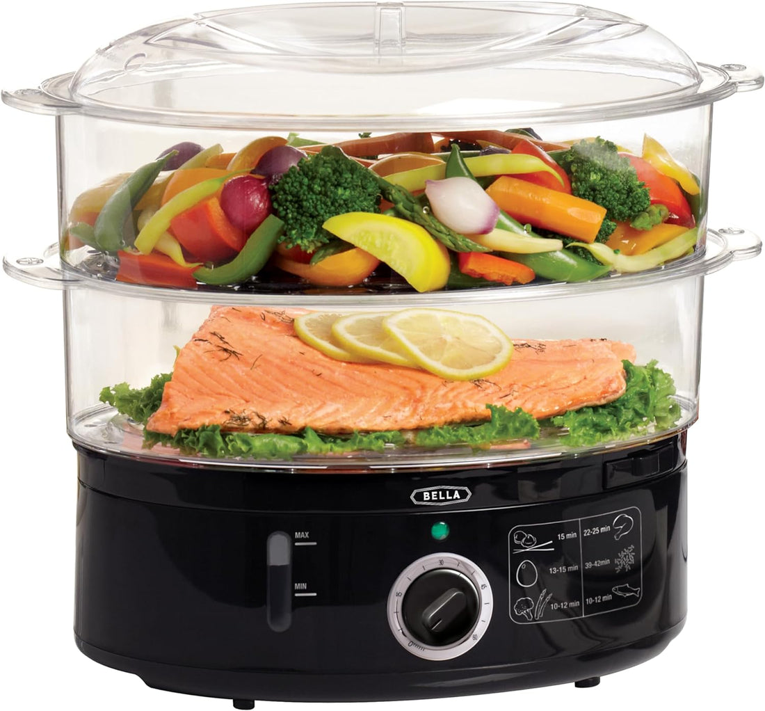 Two Tier Food Steamer with Stackable Baskets & Removable Base for Fast Simultaneous Cooking - Auto Shutoff & Boil Dry Protection, 7.4 QT, Black