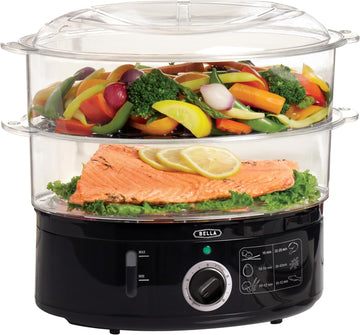 Two Tier Food Steamer with Stackable Baskets & Removable Base for Fast Simultaneous Cooking - Auto Shutoff & Boil Dry Protection, 7.4 QT, Black