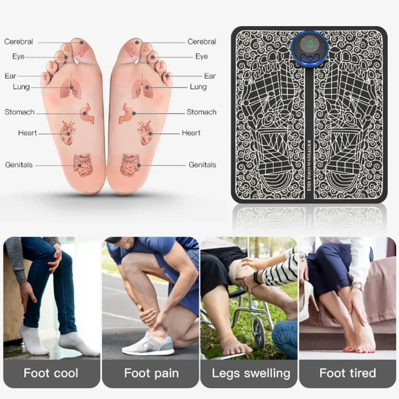 Rechargeable EMS Foot Massager Pad with Remote Control - Portable Electric Muscle Stimulation Mat for Pain Relief and Relaxation