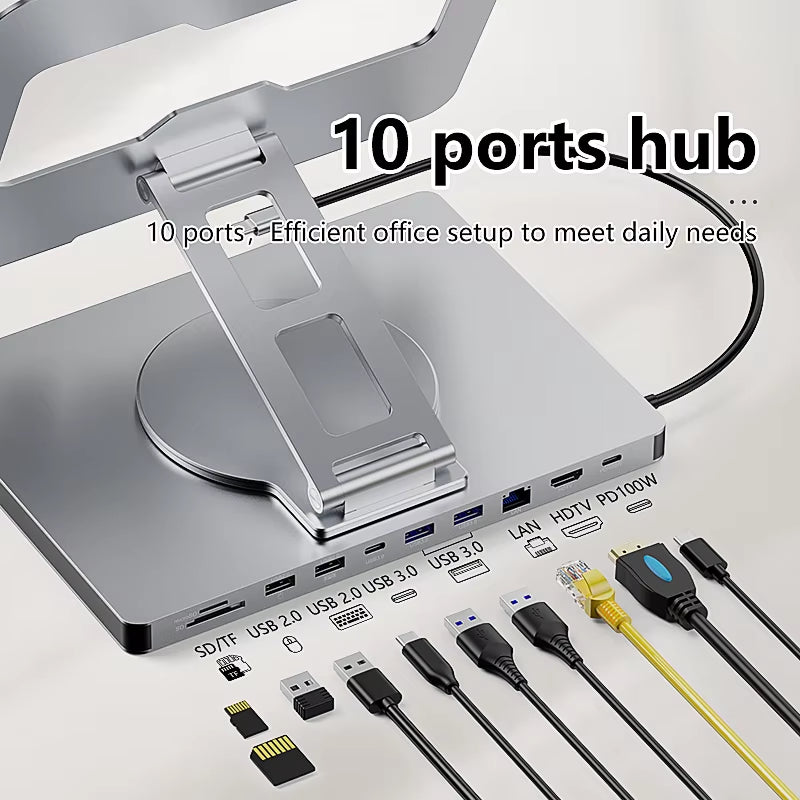 10-in-1 Aluminum iPad Docking C Hub with 4K 60Hz Type-C Adapter, USB 3.0 (5Gbps), and 100W PD Charger for Laptops and Desktops